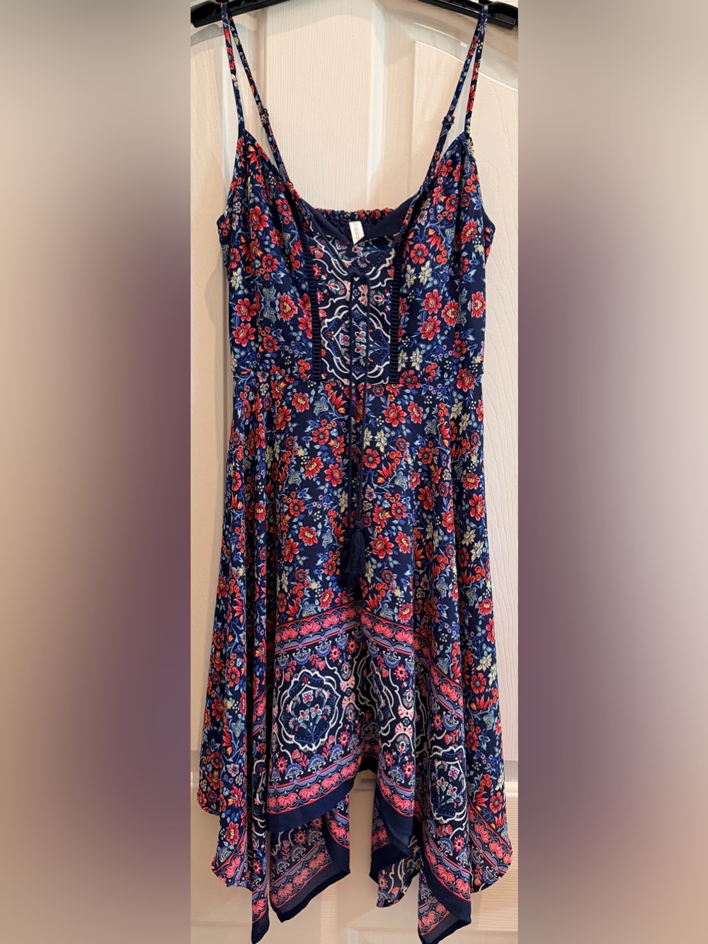 Xhilaration Navy Floral Boho Mini Dress Tassel Tie Smocked Pockets XS - Picture 2 of 16